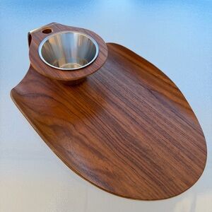 Teak Mid-Century Modern Serving Tray withStainless Steel Bowl • Charcuterie Tray